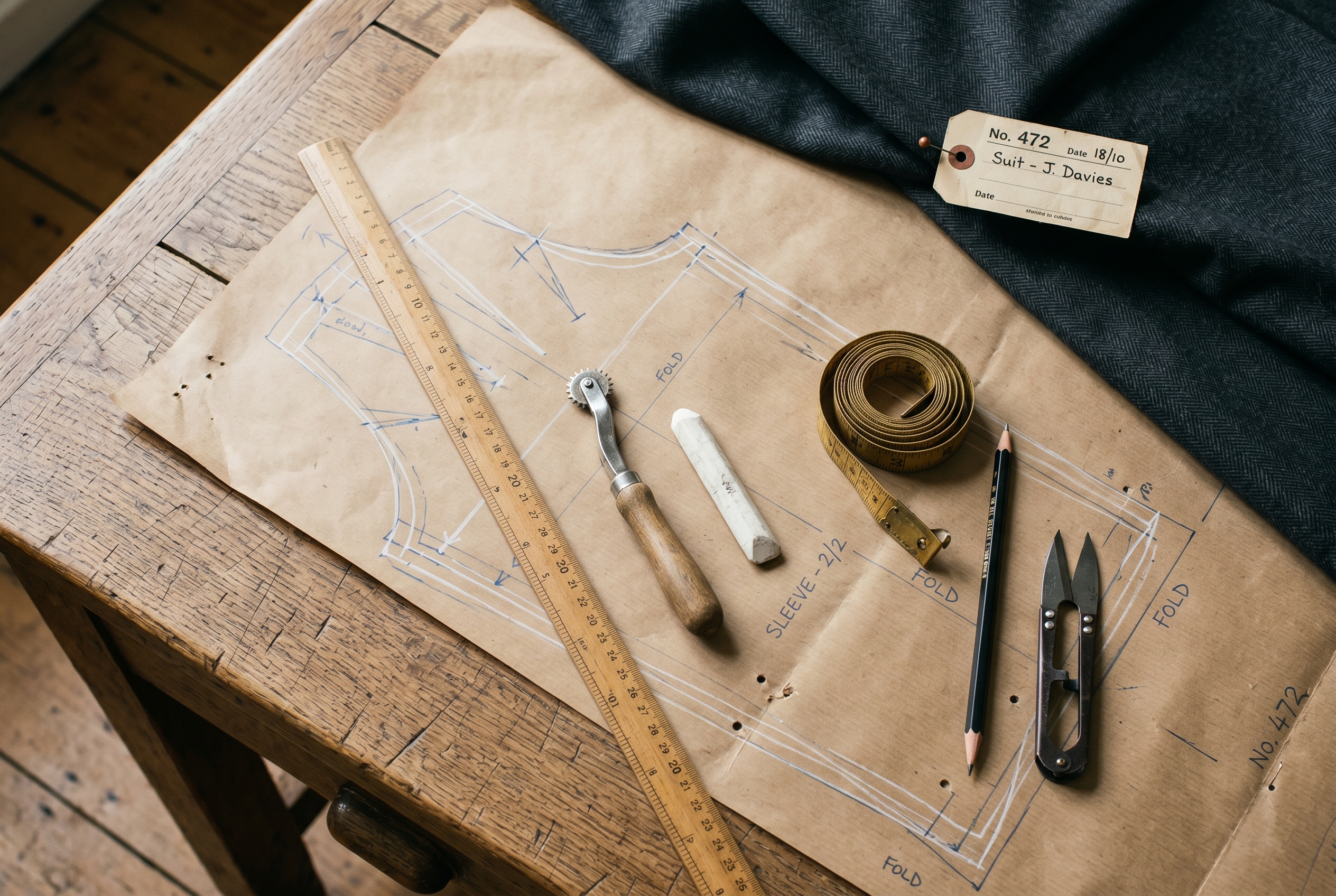 Pattern-cutting bench at Custom Tailoring By Fernando